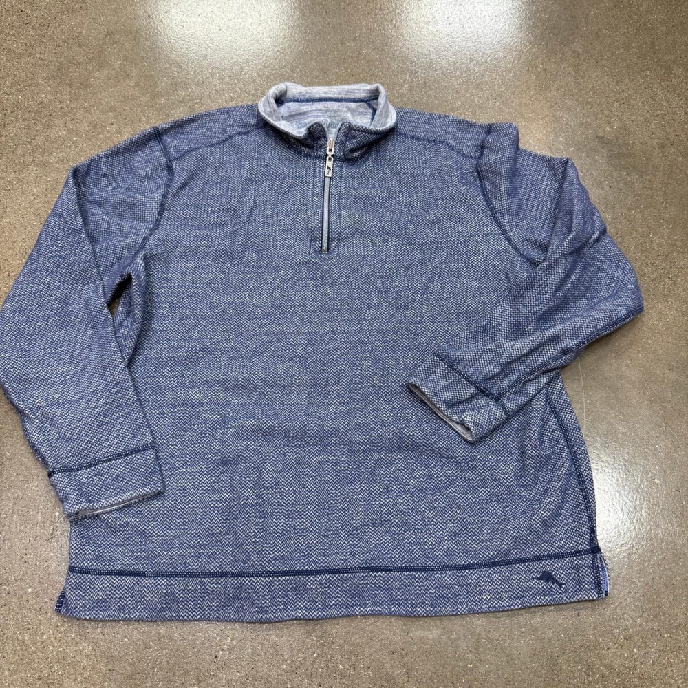 Tommy Bahama Mens Reversible Quarter Zip Pullover Blue Herringbone Heathered XL